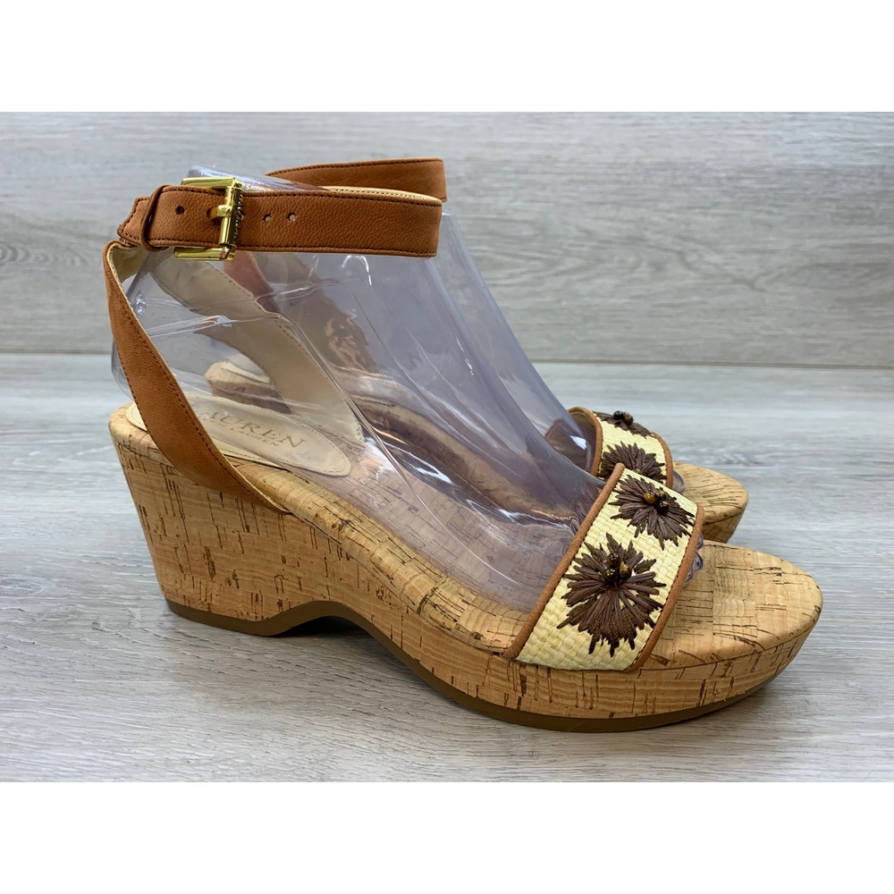 Lauren Ralph Lauren Odelia Tan Nubuck Straw Floral Cork Wedge Sandals 8 Shoes